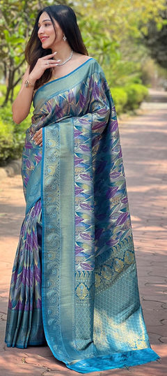 Blue color Saree in Silk fabric with Printed, Weaving work