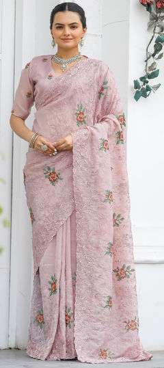 Pink and Majenta color Saree in Chiffon fabric with Embroidered, Resham, Thread work