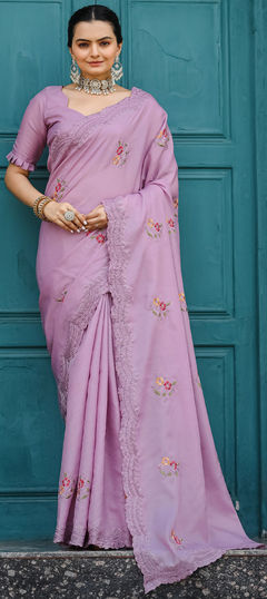 Purple and Violet color Saree in Tussar Silk fabric with Embroidered, Resham, Thread work