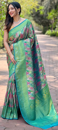 Green color Saree in Silk fabric with Printed, Weaving work