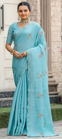 Blue color Saree in Tussar Silk fabric with Embroidered, Resham, Thread work