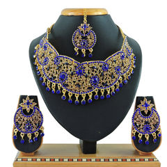 Gold Rodium Polish Blue color Necklace in Metal Alloy studded with CZ Diamond