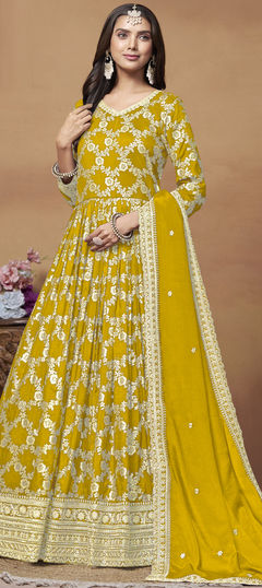 Festive, Mehendi Sangeet, Reception Yellow color Gown in Jacquard fabric with Thread, Weaving, Zari work : 1949711