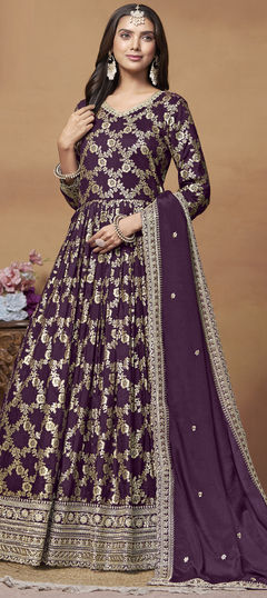 Festive, Mehendi Sangeet, Reception Purple and Violet color Gown in Jacquard fabric with Thread, Weaving, Zari work : 1949713