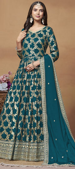 Festive, Mehendi Sangeet, Reception Blue color Gown in Jacquard fabric with Thread, Weaving, Zari work : 1949714