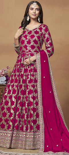 Festive, Mehendi Sangeet, Reception Pink and Majenta color Gown in Jacquard fabric with Thread, Weaving, Zari work : 1949715