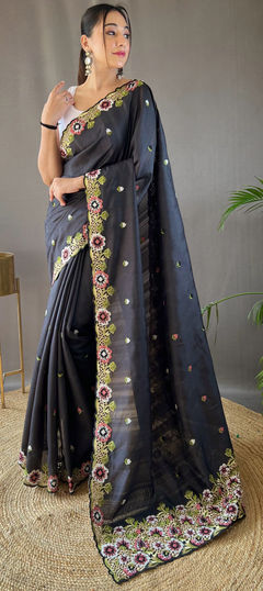 Black and Grey color Saree in Silk fabric with Embroidered, Resham, Thread work