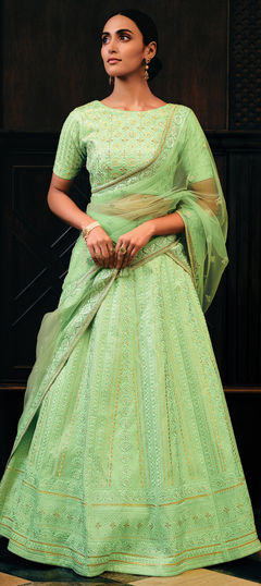 Green color Lehenga in Raw Silk fabric with Embroidered, Sequence, Thread work