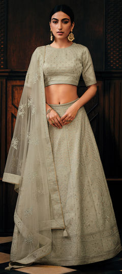 Bridal, Wedding Beige and Brown color Lehenga in Raw Silk fabric with Flared Embroidered, Resham, Thread work : 1949765