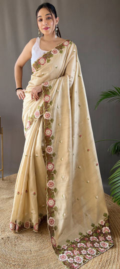 Beige and Brown color Saree in Silk fabric with Embroidered, Resham, Thread work