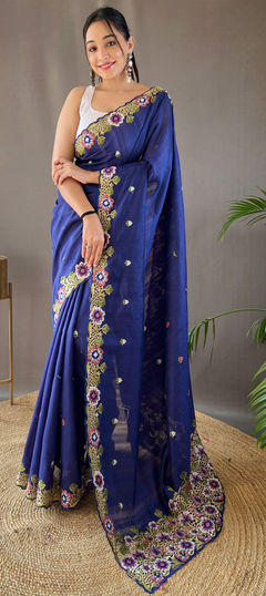 Blue color Saree in Silk fabric with Embroidered, Resham, Thread work