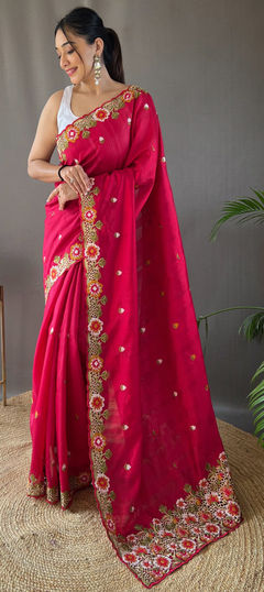 Pink and Majenta color Saree in Silk fabric with Embroidered, Resham, Thread work