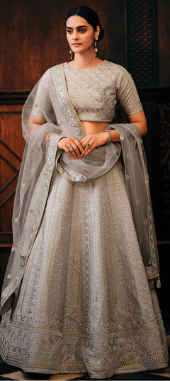 Black and Grey color Lehenga in Raw Silk fabric with Embroidered, Sequence, Thread work