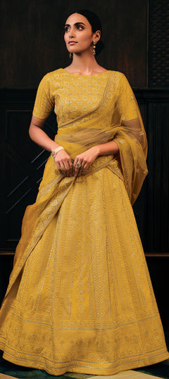 Yellow color Lehenga in Raw Silk fabric with Embroidered, Sequence, Thread work