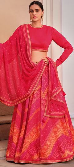 Pink and Majenta color Lehenga in Silk fabric with Bandhej, Digital Print, Embroidered, Thread work