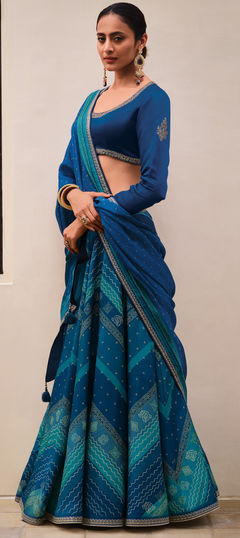 Blue color Lehenga in Silk fabric with Bandhej, Digital Print, Embroidered, Thread work