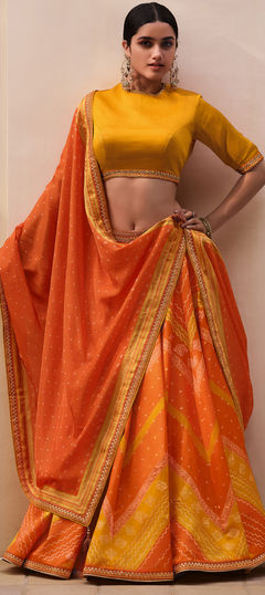 Orange, Yellow color Lehenga in Silk fabric with Bandhej, Digital Print, Embroidered, Thread work