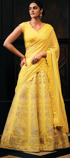 Yellow color Lehenga in Viscose fabric with Stone, Weaving work