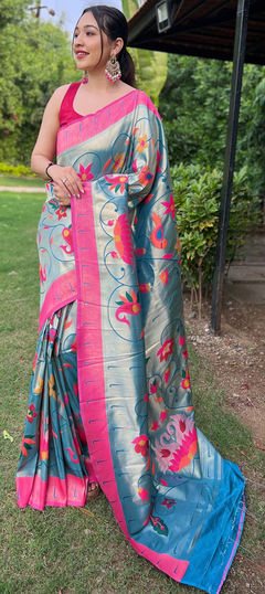 Blue color Saree in Silk fabric with Printed work