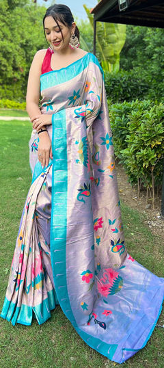 Purple and Violet color Saree in Silk fabric with Printed work