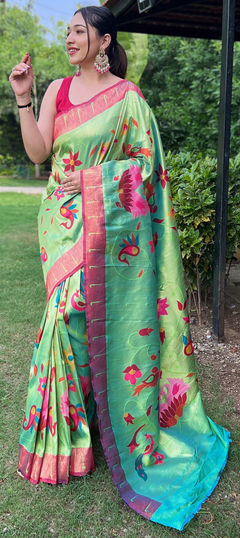 Green color Saree in Silk fabric with Printed work