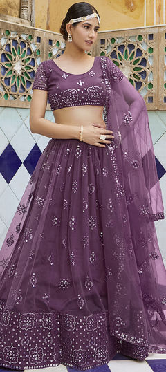 Purple and Violet color Lehenga in Net fabric with Sequence, Thread work