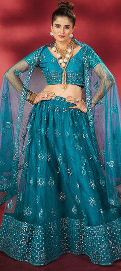 Blue color Lehenga in Net fabric with Sequence, Thread work