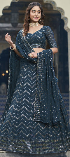 Bridal, Wedding Blue color Lehenga in Georgette fabric with Flared Embroidered, Sequence work : 1949851