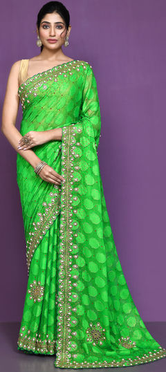 Green color Saree in Shimmer fabric with Bugle Beads, Cut Dana, Stone work