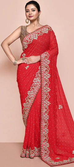 Red and Maroon color Saree in Georgette fabric with Cut Dana, Stone work