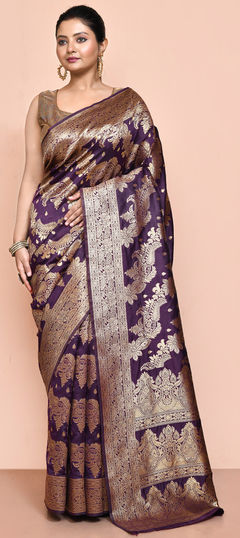 Purple and Violet color Saree in Kanjeevaram Silk fabric with Weaving work