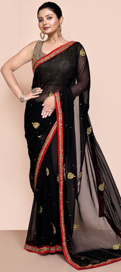 Black and Grey color Saree in Georgette fabric with Lace, Patch work