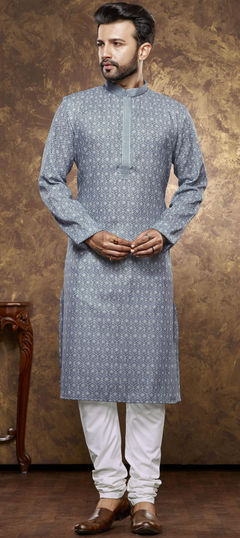 Black and Grey color Kurta Pyjamas in Cotton fabric with Digital Print, Thread work
