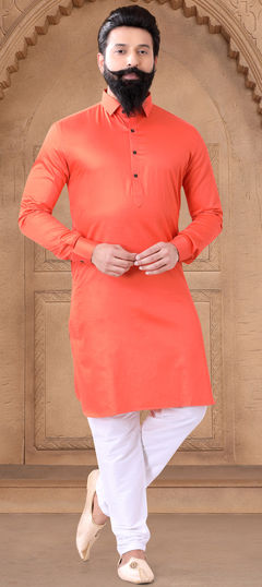 Orange color Kurta Pyjamas in Cotton fabric with Thread work