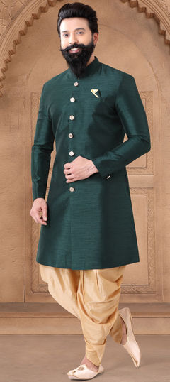 Party Wear Green color IndoWestern Dress in Silk fabric with Thread work : 1949985