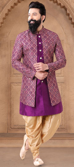 Party Wear Purple and Violet color IndoWestern Dress in Silk fabric with Embroidered, Sequence, Thread work : 1949986