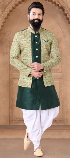 Green color IndoWestern Dress in Silk fabric with Embroidered, Sequence, Thread work