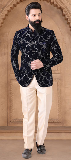 Blue color Jodhpuri Suit in Velvet fabric with Embroidered, Sequence, Thread work