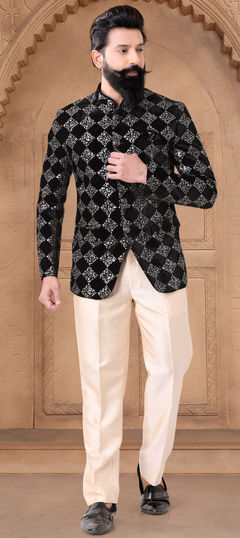 Black and Grey color Jodhpuri Suit in Velvet fabric with Embroidered, Sequence, Thread work