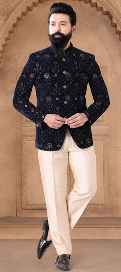 Blue color Jodhpuri Suit in Velvet fabric with Embroidered, Sequence, Thread work
