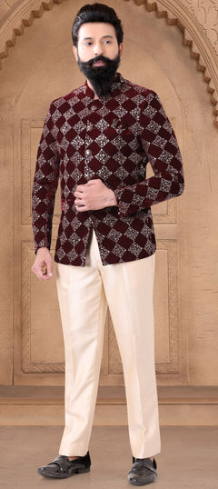 Red and Maroon color Jodhpuri Suit in Velvet fabric with Embroidered, Sequence, Thread work