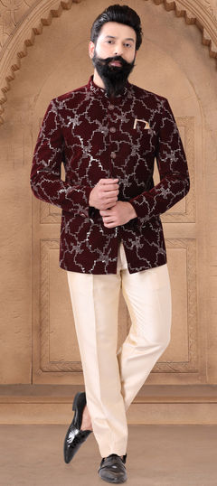 Red and Maroon color Jodhpuri Suit in Velvet fabric with Embroidered, Sequence, Thread work