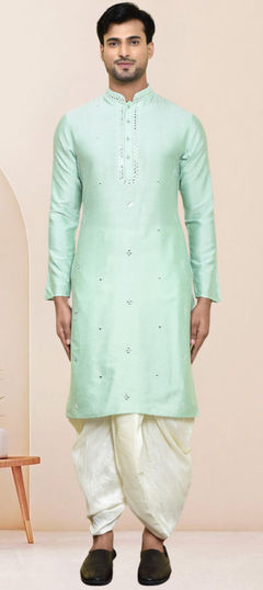 Green color Dhoti Kurta in Art Silk fabric with Embroidered work