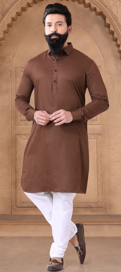 Beige and Brown color Kurta Pyjamas in Cotton fabric with Thread work