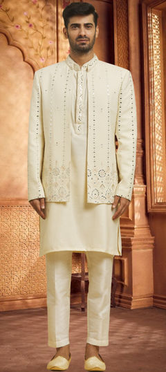 Beige and Brown color IndoWestern Dress in Silk fabric with Embroidered work