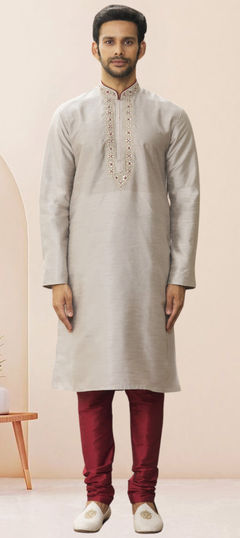 Black and Grey color Kurta Pyjamas in Art Silk fabric with Embroidered work