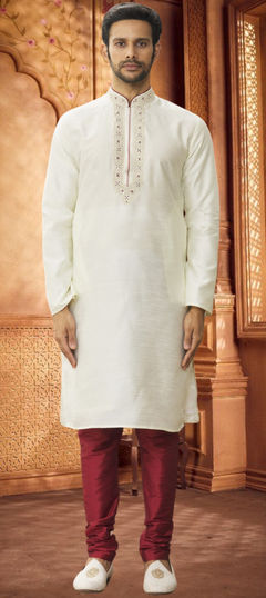 White and Off White color Kurta Pyjamas in Art Silk fabric with Embroidered work