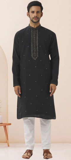 Black and Grey color Kurta Pyjamas in Art Silk fabric with Embroidered work