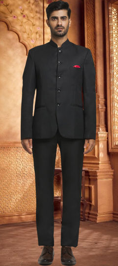 Black and Grey color Jodhpuri Suit in Viscose fabric with Thread work