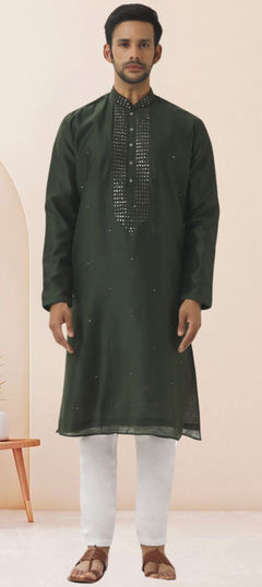 Green color Kurta Pyjamas in Art Silk fabric with Embroidered work